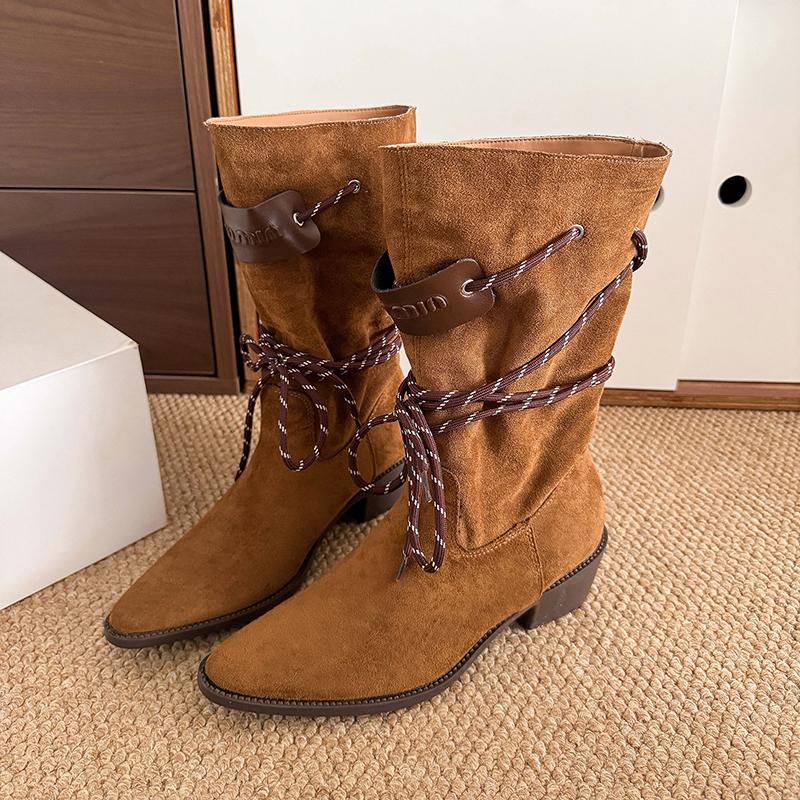 Fashion Autumn Winter Thick Heel Western Boots Women 2025 Sexy Pointed Toe Mid Calf Boots Woman Slip On Faux Suede Riding Botas Mujer