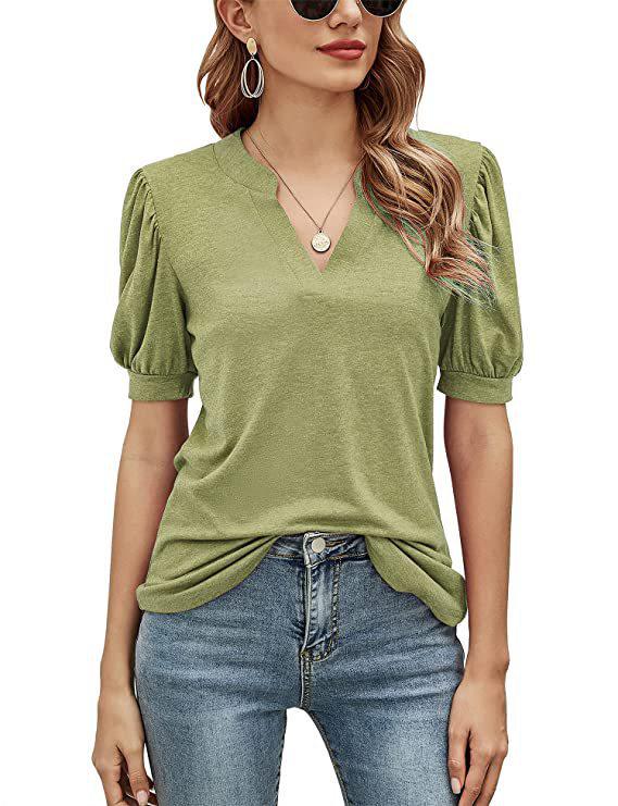 Women's Summer V-Neck Puff Sleeve Loose T-Shirt - Solid Color, Casual Style
