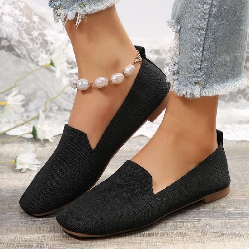 Flache Damenschuhe mit eckiger Spitze, Lässige und atmungsaktive Damen-Schuhe aus durchbrochenem Stoff, Slipper