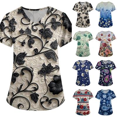 Women’s Printed Loose V Neck Short Sleeve Top with Pockets Floral Pattern Comfortable Shirt for Healthcare Professionals