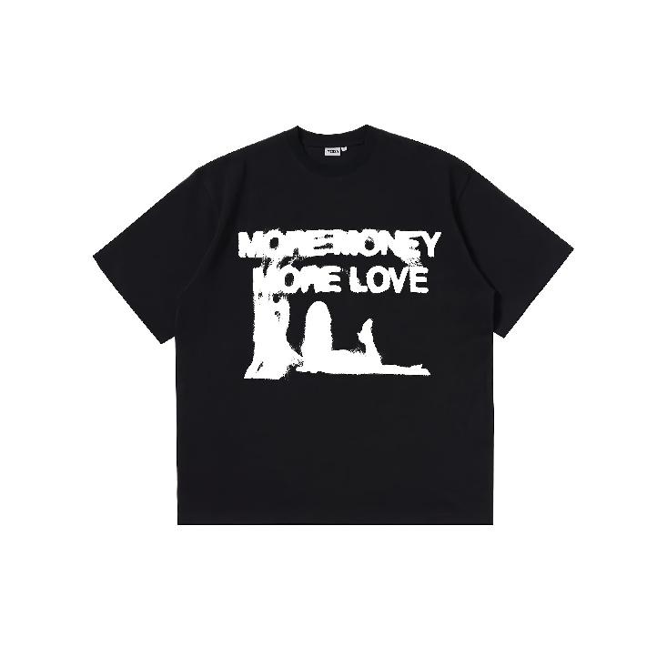 T-shirt Vintage Y2K Hip Hop Harajuku Streetwear da Uomo - Nera, Vestibilità Larga Rilassata, con Stampa Grafica "MORE MONEY MORE LOVE", Manica Corta
