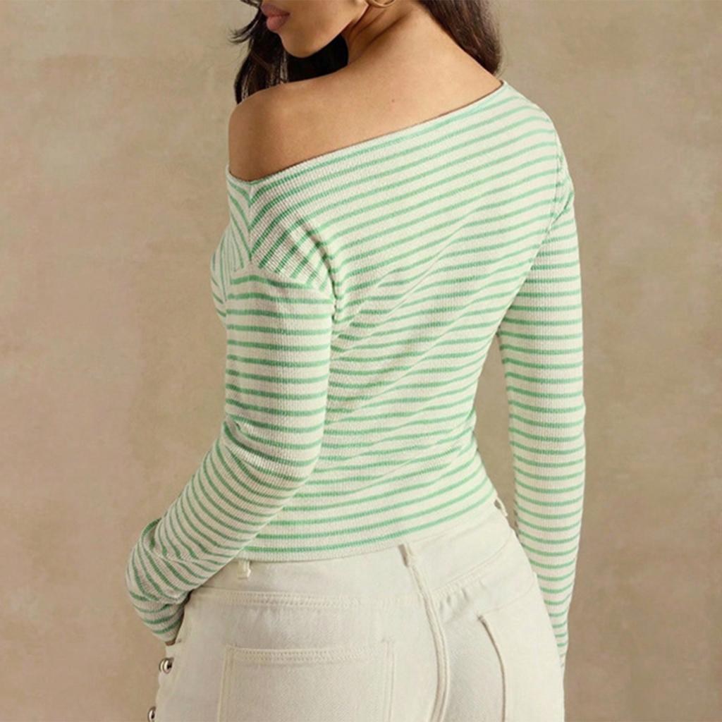 Women's Striped Off-Shoulder Long Sleeve T-Shirt - Casual Fashion Top