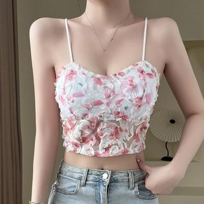 Sling-Weste für Damen, sexy, bestickte Spitze auf der Rückseite, Blumenmuster, Camisole mit gepolstertem Sling, ärmelloses Top im Hosenträgerstil, Tanktops