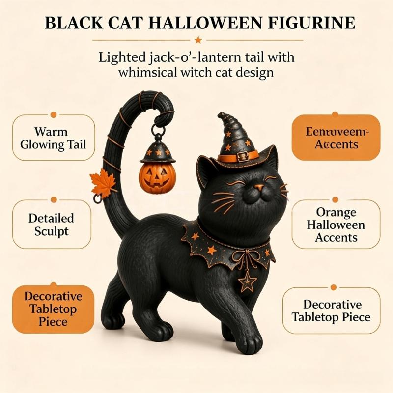 Standing Halloween Cats Decoration, Dark Figure with Pointed Hat and Aged-Look Finish for Entryway, Shelf, Office, or Desk Arrangement