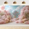 Hot Air Balloon and Cloud Design with Bear Dolls, Pink and Blue Themed Party Decorations, Birthday Party Background Decorations