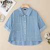VONDA Elegant Women Short Sleeve Lapel Button Down High Low Hem Casual Cropped Blouse