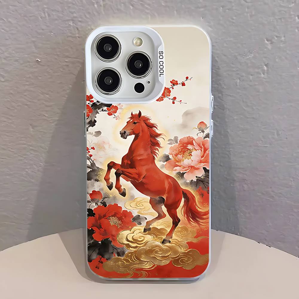 

Fashion Chinese-Style Red Horse White Phone Case IMD Color Silver Shell For IPhone 17 16 15 14 13 12 11 Pro Max Plus iPhone16Plus