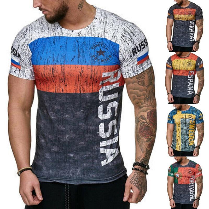 Men's Letter Print Gym T-shirt With Germany Sweden Portugal Russia Design Slim Fit