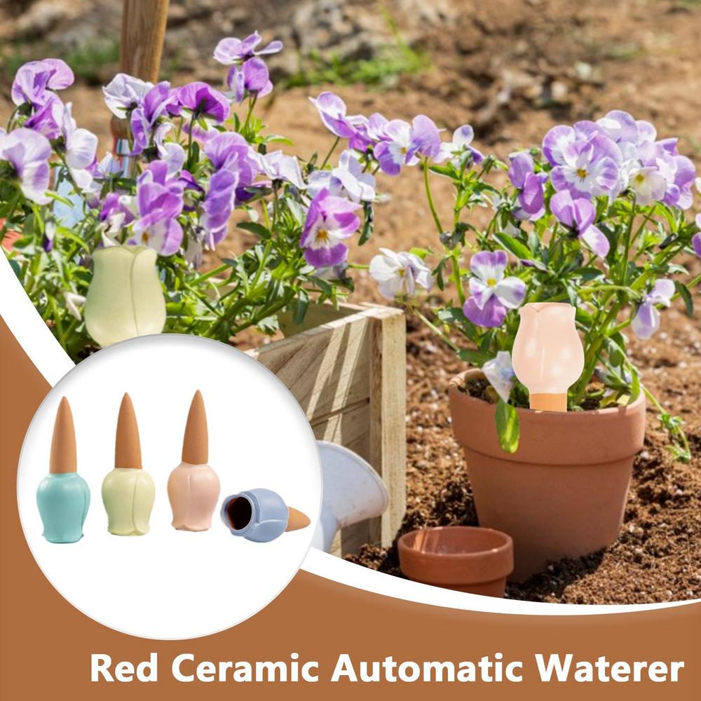 Terracotta Watering Spikes 4X Decorative Flower-Shaped Natural Plant Waterer Devices Auto-Water Irrigation System Automatic