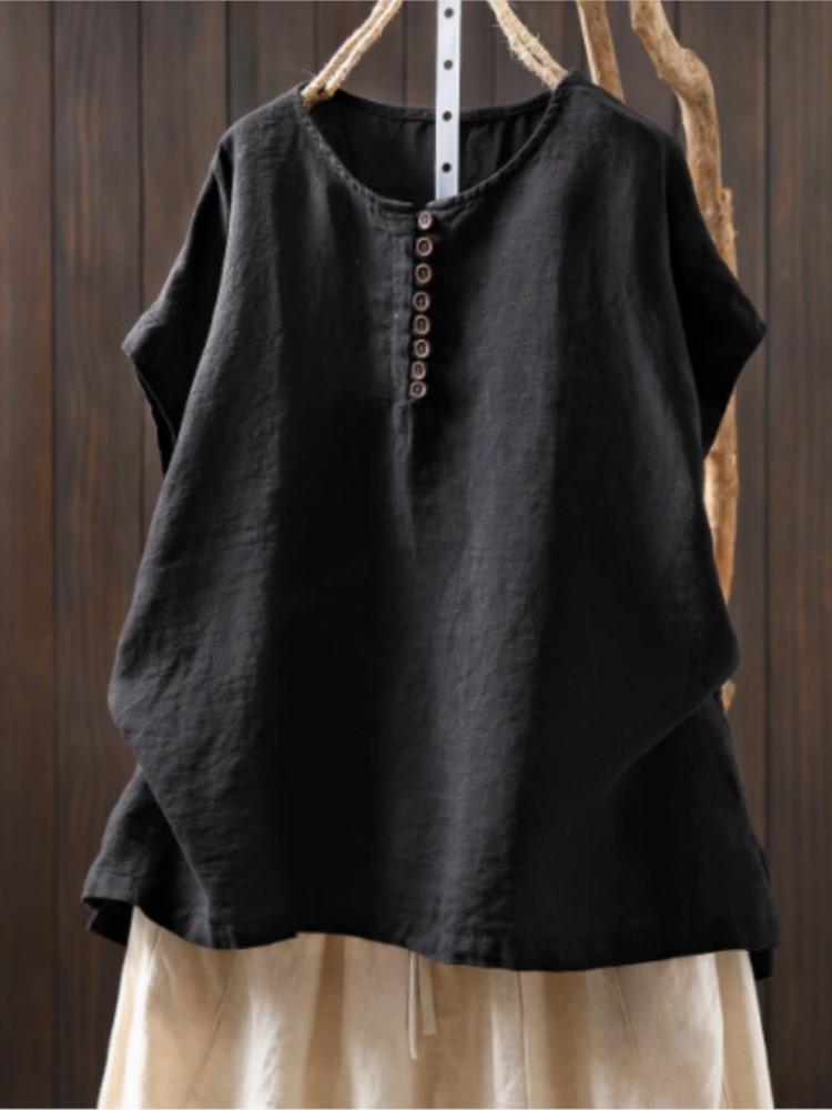 Johnature Women Vintage Button T-Shirts Solid Color O-Neck Sleeveless Summer Loose Button Female T-Shirts