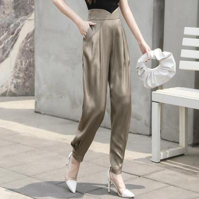 High Waist Pants Acetate Satin Harem Pants for Women Spring and Autumn Trousers Ankle-Tied Jogger Pants Ice Silk Smoke Tube Feet Lantern Summer
