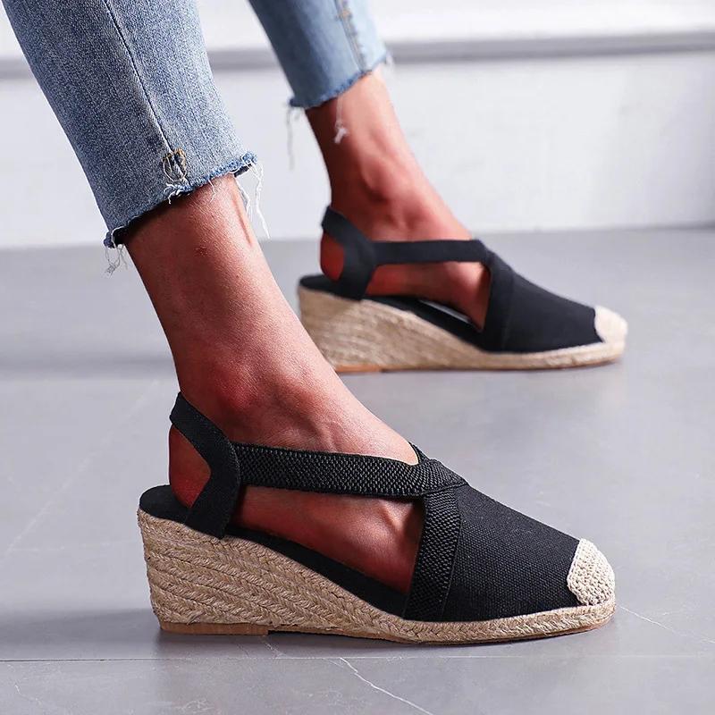 Sommer Damesandaler 2024 Stråflettet Kilehæler Espadrillesandaler Stor Størrelse Damesko Dame Gladiator Slingback Sko