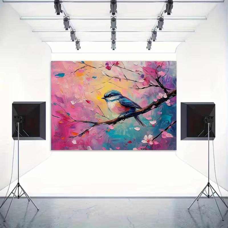 2D Blossom Branch Bird Backdrop, Artistic Spring Garden Photo Background