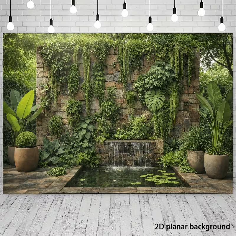2D Lush Ivy Stone Wall Waterfall Backdrop Jungle Plant Photo Booth Banner
