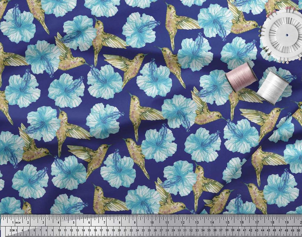 Soimoi Černá poly krepová látka s potiskem kolibříků a květin, látka na metr, 42 palců