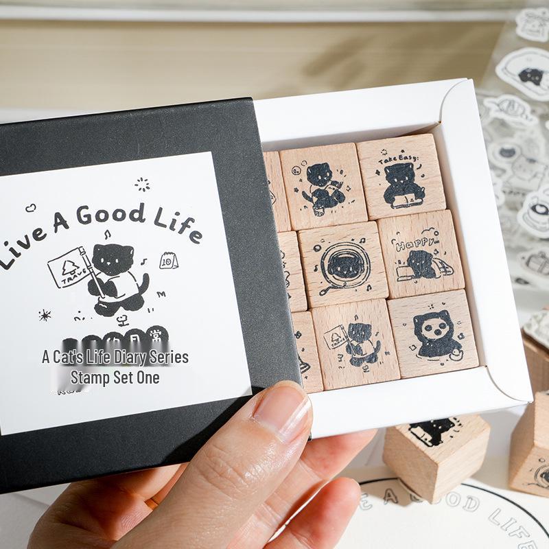 Cat Life Diary Wooden Stamp Set: Cute Cat Designs for DIY Journals and Art Projects