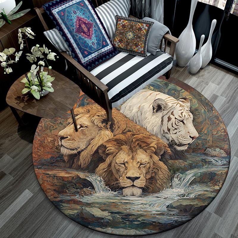 Lions Round Area Rug,Carpet Rug for Living Room Bedroom Sofa Playroom Decor,Non-slip Floor Mat