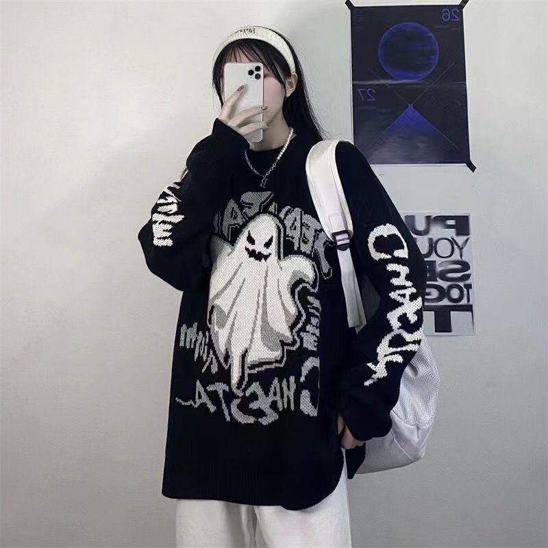 Pulôver de malha jacquard diabo Y2K feminino para o inverno, estilo gótico, suéter peludo para mulheres