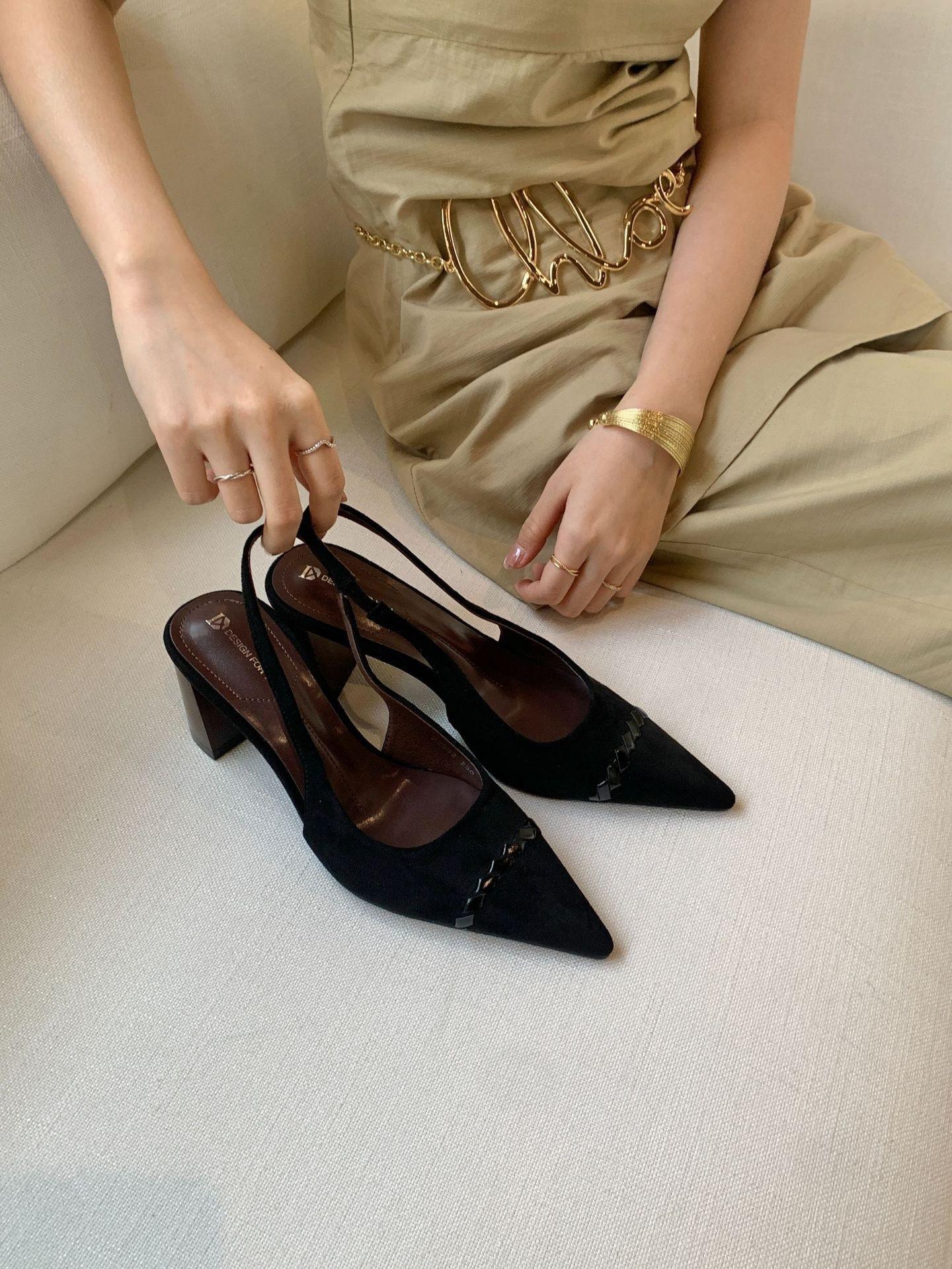 

[Excluding Tax] Temperament Bag Head Sandals Children S Spring Splicing Thick Heel High Heels Women S Suede Sandals 35