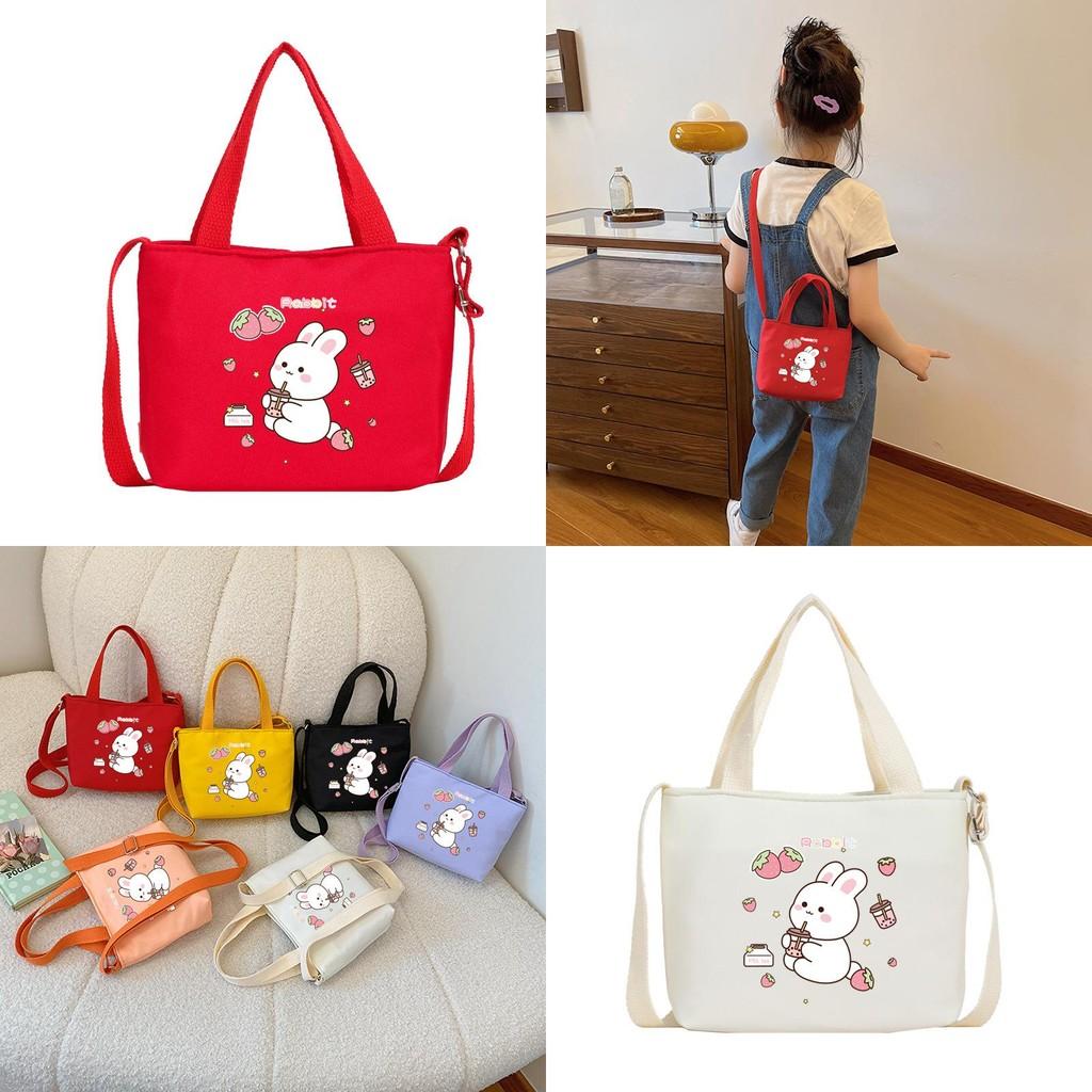 Cute Cartoon Rabbit Strawberry Print Children Shoulder Canvas Bag For Daily Use