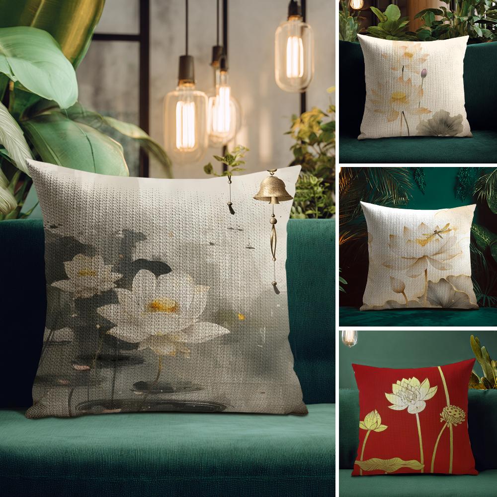 Golden Lotus Luxury Cushion Cover Natural Linen Pillow Case DoubleSided Print Decorative Sofa Pillowcase Home Decor Gift
