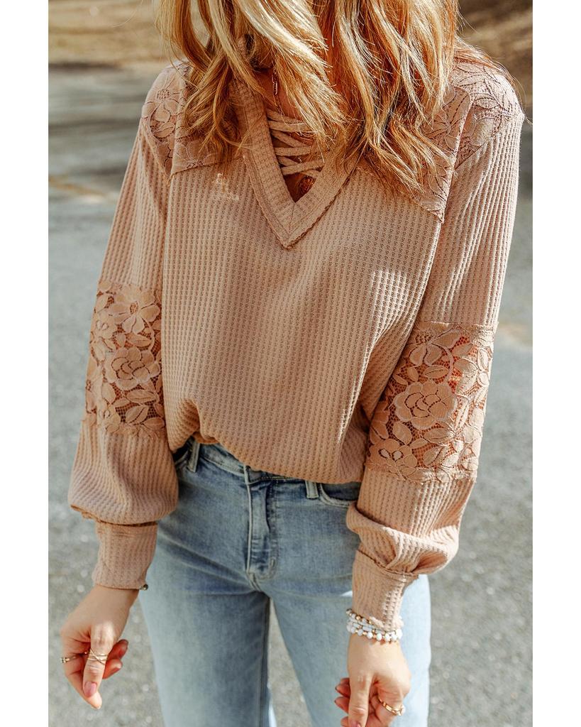 Azura Exchange Lace Waffle Patchwork Strappy V Neck Long Sleeve Top