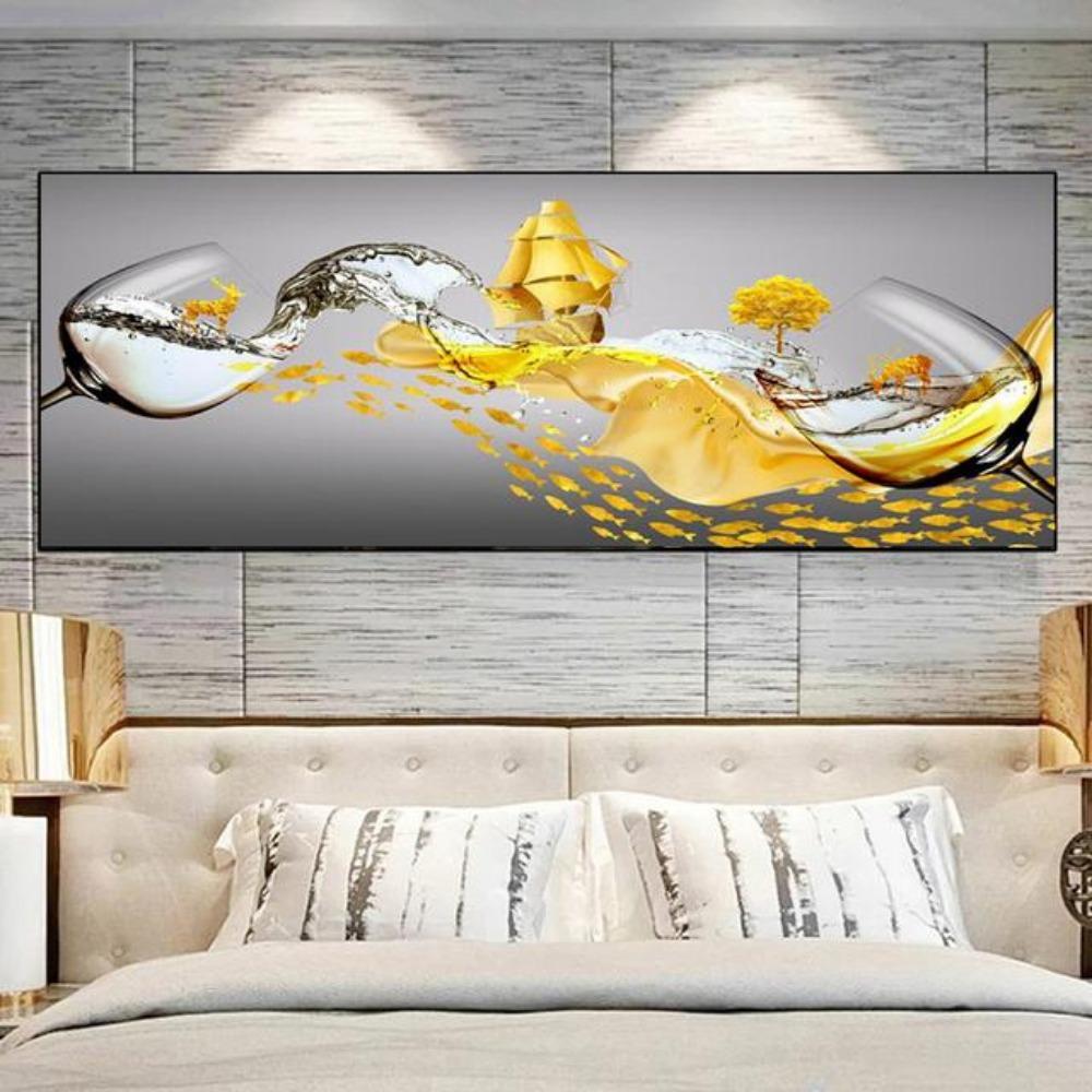 Modern Abstract Golden Wine Glass Boat Canvas Painting Posters and Prints Wall Picture for Living Room Home Decor No Frame