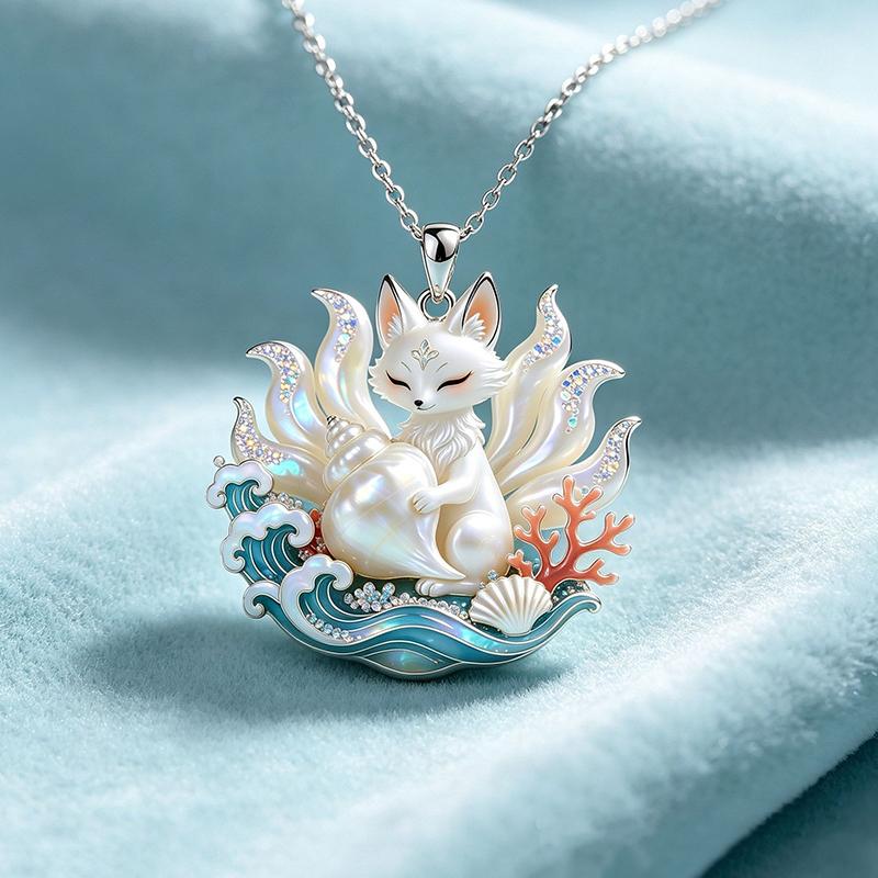 Chinese Mythology Nine-tailed Fox Enamel Pendant Necklace Fashion Minimalist Jewelry for Women Valentine's Day Gift for Her