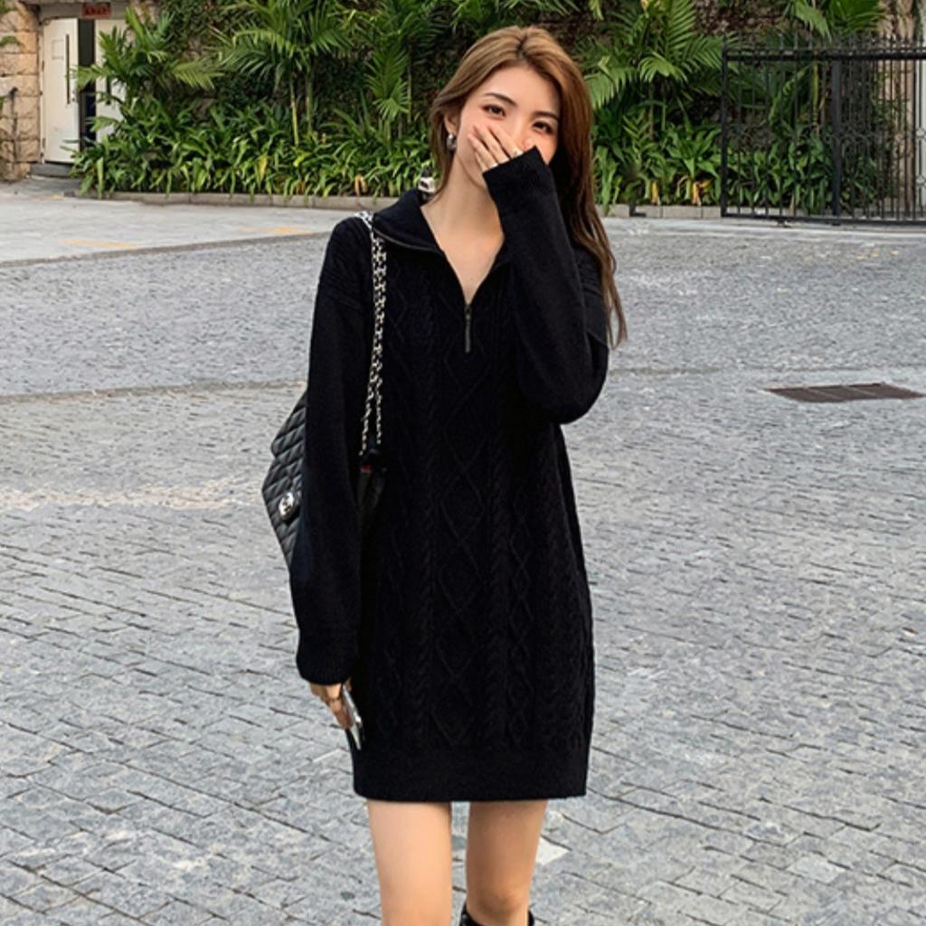 Medium and long twist sweater skirt women's autumn and winter with coat loose lazy wind thickened zipper soft waxy knitted even