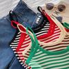 Women's Casual White&Green Striped Knitted Crop Top Korea O-Neck Female Multi Color Optional Striped Knitted Tank Top