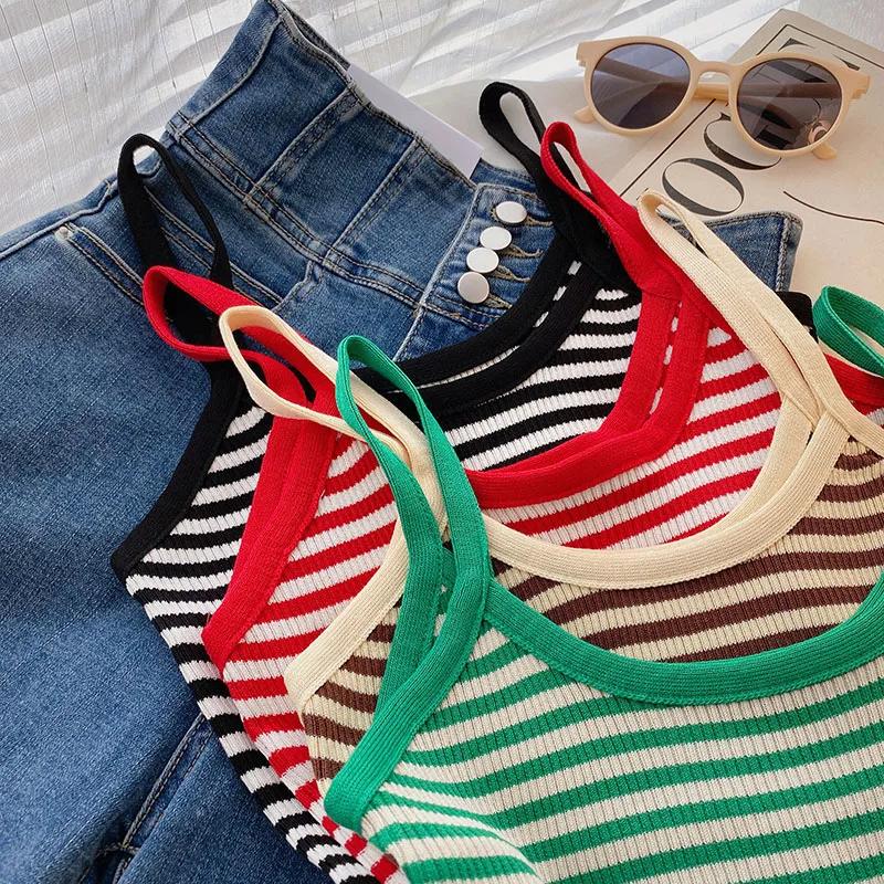 Women's Casual White&Green Striped Knitted Crop Top Korea O-Neck Female Multi Color Optional Striped Knitted Tank Top