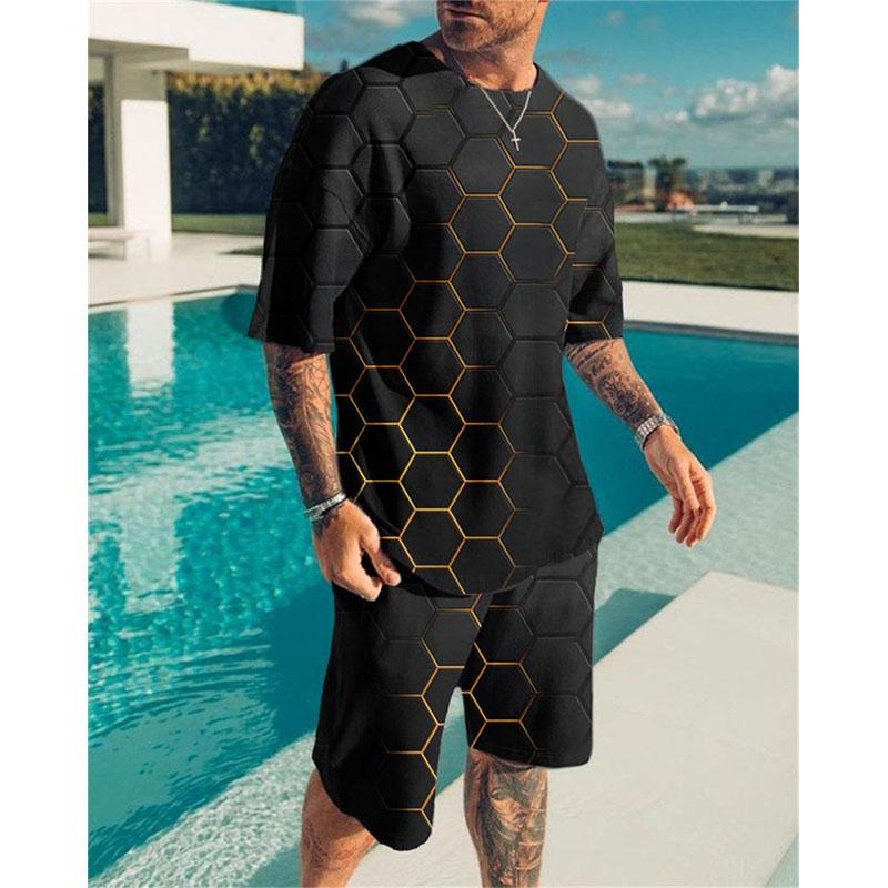 Men's Summer Suit Line Print Simple Sport Splicing Trend T-shirt Loose Casual Suit Short Sleeve Shorts Men's Summer Suit
