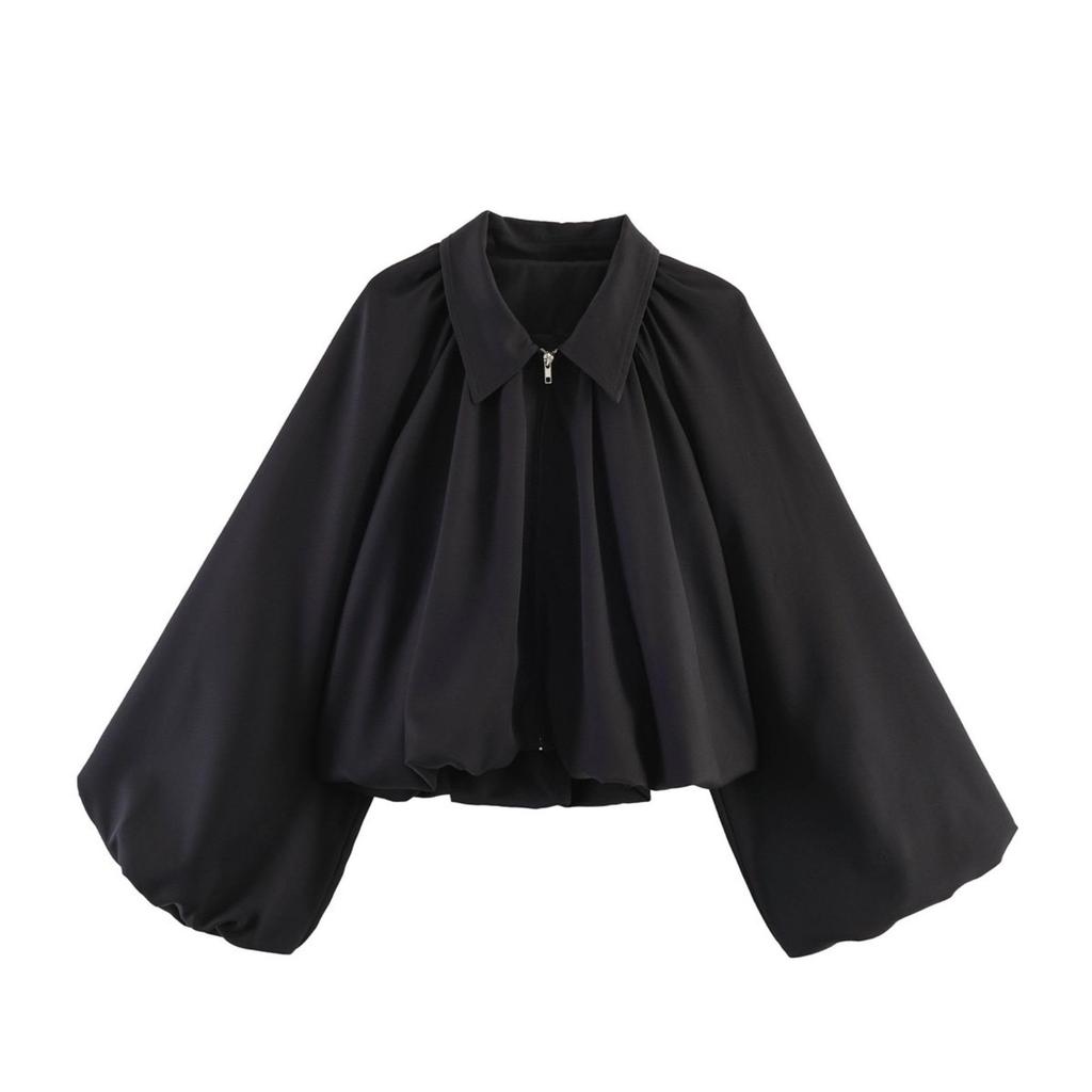 Women's Balloon Sleeve Zip Front Cropped Bomber Jacket with Turn Down Collar and Pleated Hem for Casual and Streetwear
