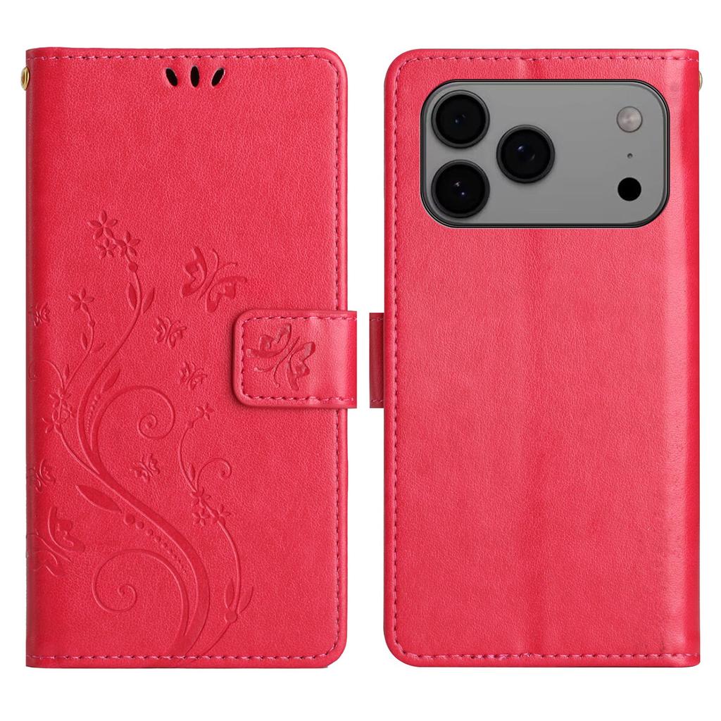 For iPhone 17 Pro Max Leather Wallet Case Butterfly Flower Imprinted Phone Cover with Strap