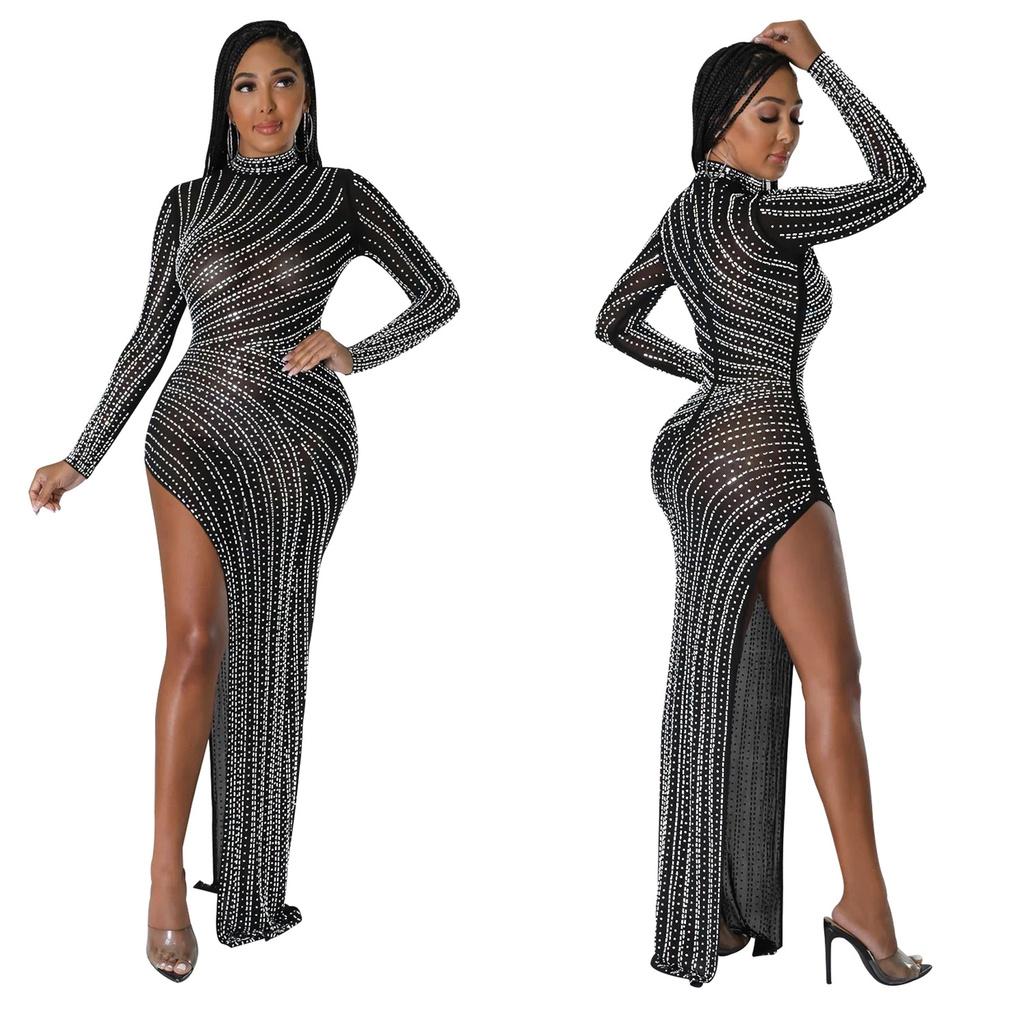 

Женщины Элегантные Длинные Рукава Горный Хрусталь Сплит Шею Сетки Прозрачное Свадебное Макси Длинное Платье Хозяин Свадьбы Невесты Подружки Невесты Партии Платья