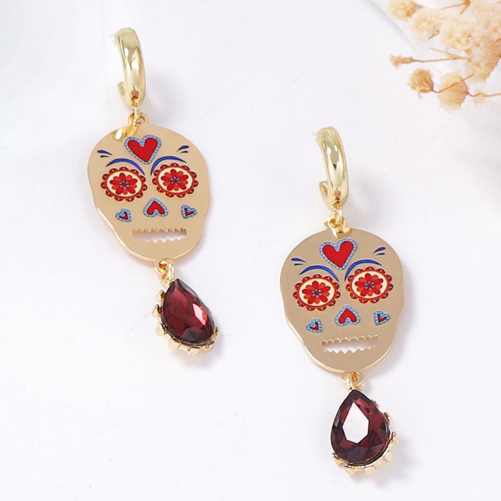 Halloween earrings, metallic colors, skull, slightly inlaid zircon water drop earrings, holiday gift women's accessories