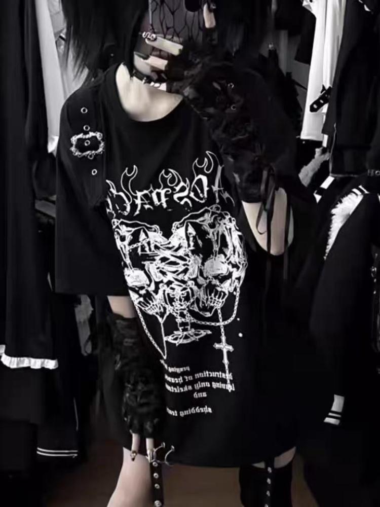 Punk Gothic Printed T-shirts Women Subculture Y2k Tees Elegant Retro T Shirt Black Casual Clothes 2026 Spring Vintage Tees