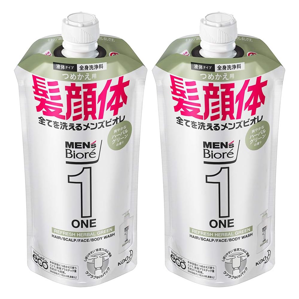 Men's Biore One All-in-One Body Wash Herbal Green Scent Refill 340ml x 2 Packs