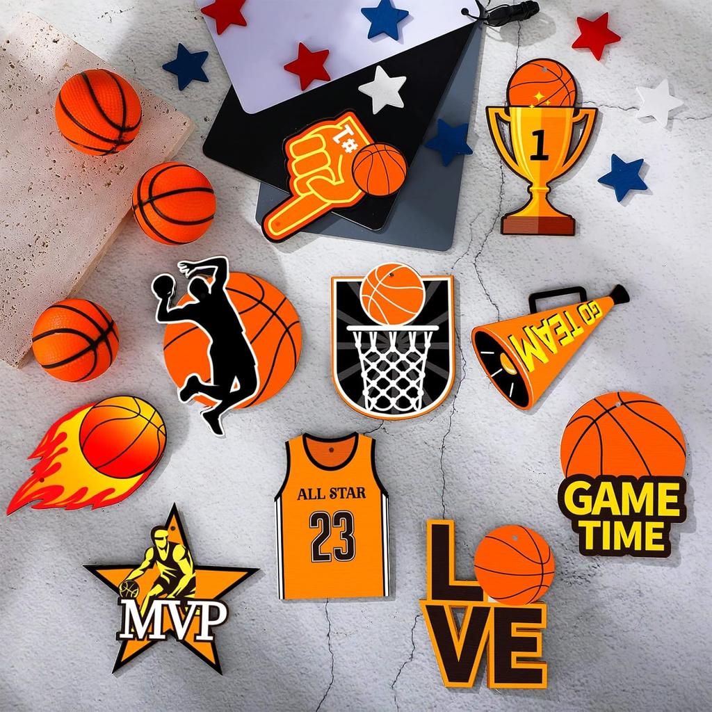 24 Pcs Basketball Wooden Ornament Basketball Cutout Wood DIY Crafts Wooden Hanging Ornaments with Twines for Party Decoration