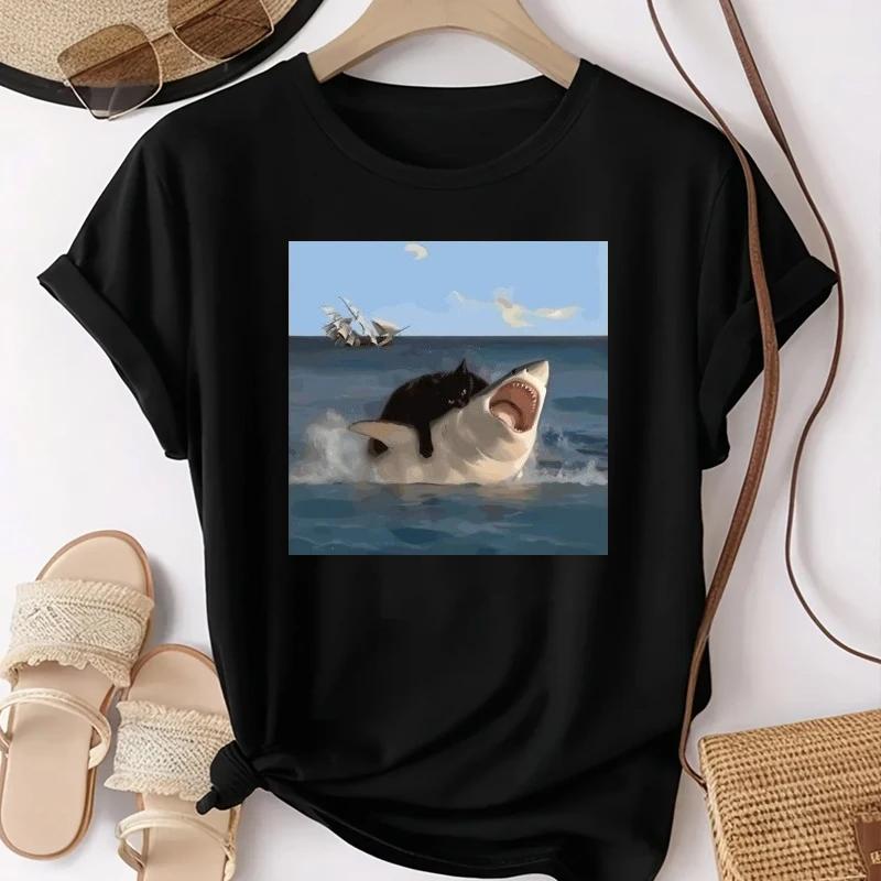 Fashion Cat Bites Shark Fun Art and Cat Lovers Fun Cat and Shark Print Tops Shirts Plain Tops Hip Hop Tshirts Women Clothing