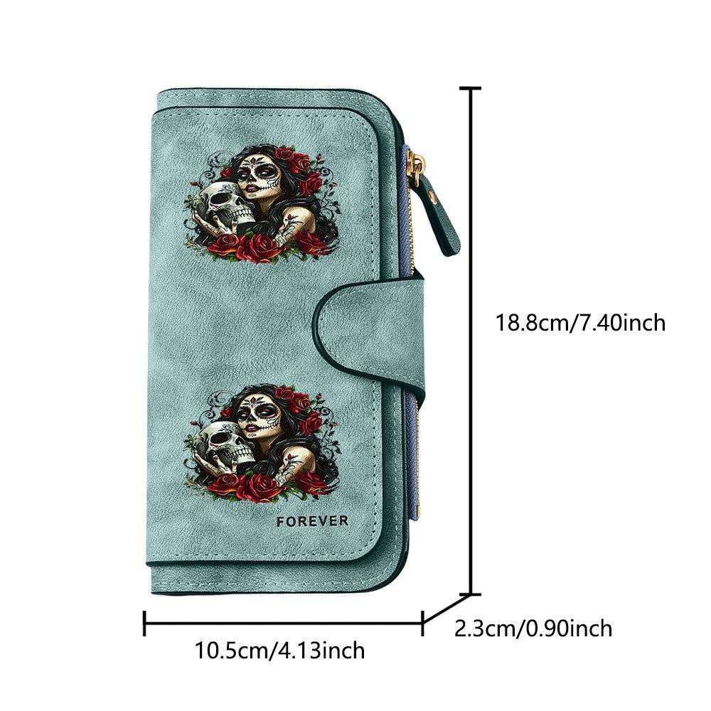 Fashionable long wallet with eye-catching rose and skull art print design. Multifunctional portable coin purse with clasp. Large-capacity zippered