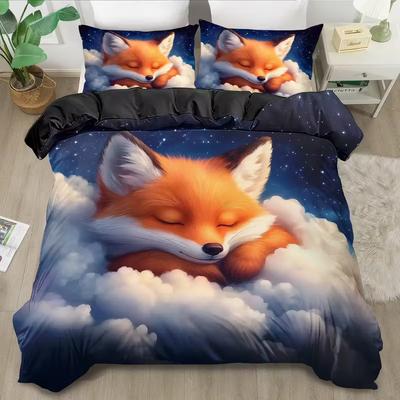 Cute Sleeping Fox Bedding Set Animal Good Night Down Duvet Cover Queen King Single Duvet Cover Pillowcase 2/3pc Gift Soft Bedroom Decoration