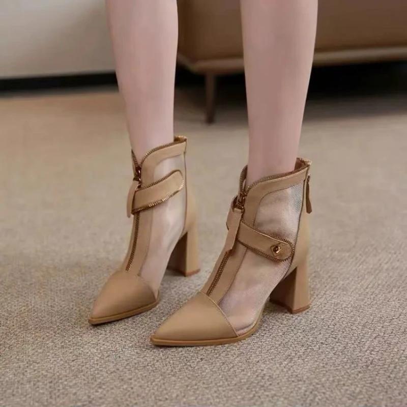 Women's Sandal Boots Pointed Toe Zipper Square Heel Mesh Upper Women Shoes Dress Fashion Mature Breathable Zapatillas De Mujer