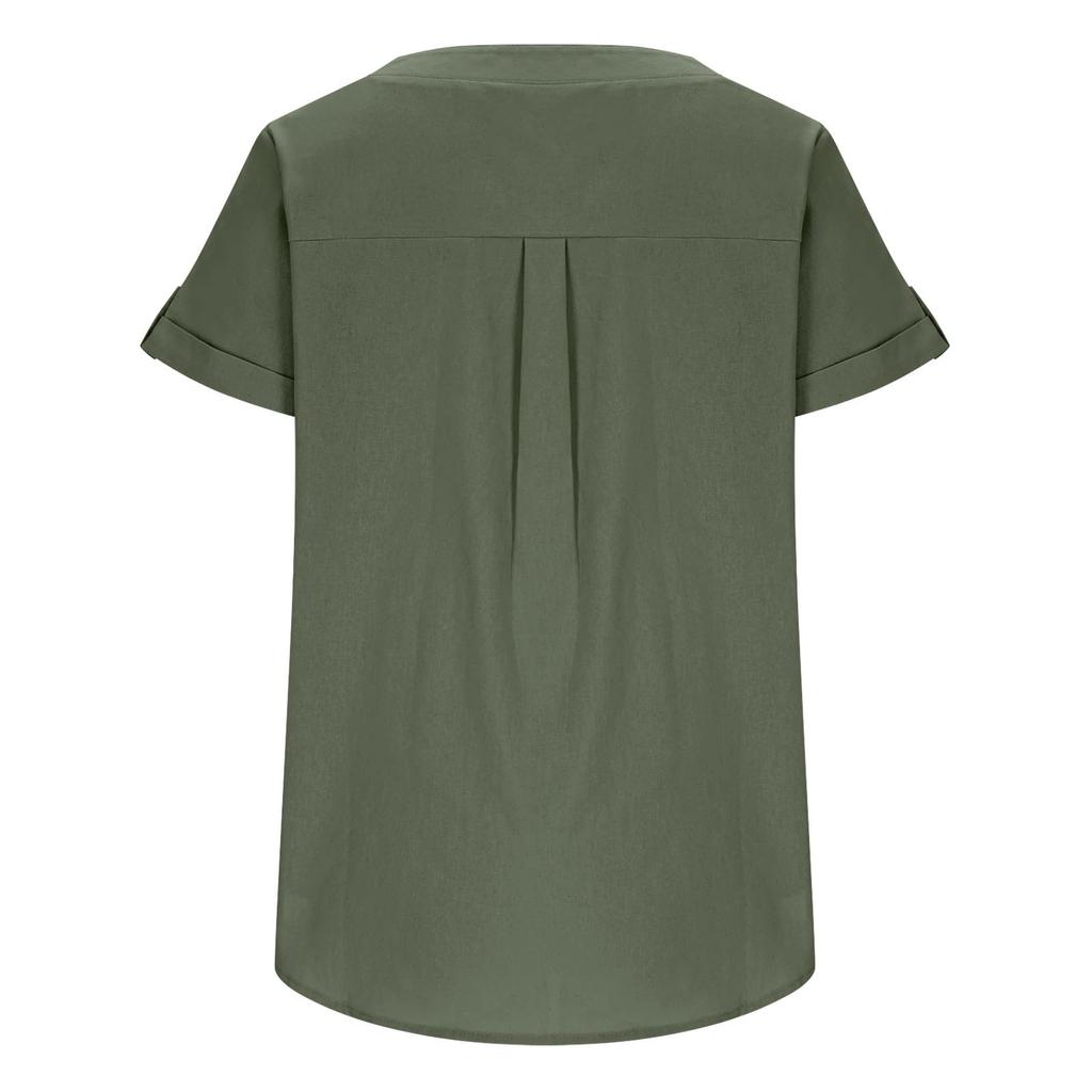 Women's Color Shirt Short Sleeve Button Casual Cotton And Hemp Pocket Top