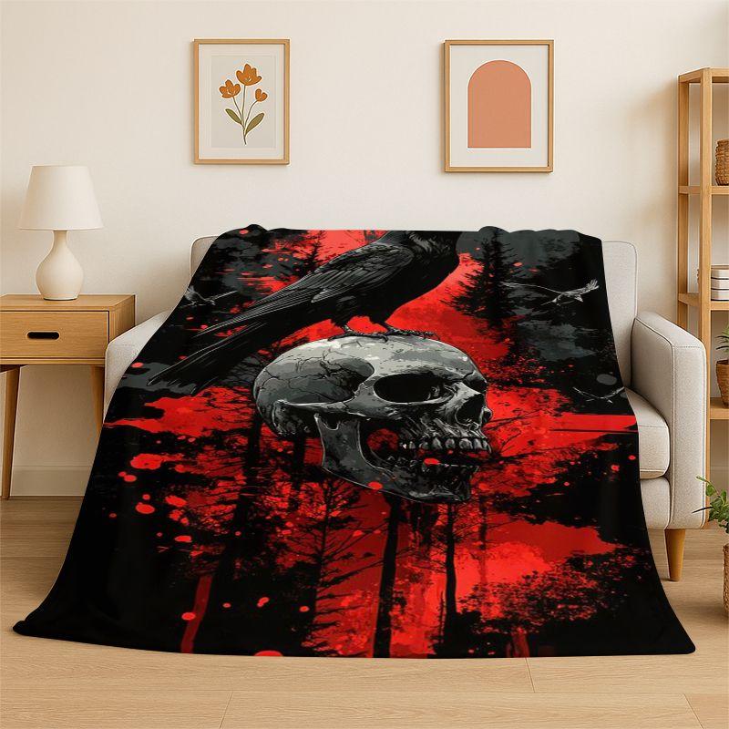 Gothic Raven Skull Crow Cartoon Flannel Blanket Soft Warm Throw Blanket For Bedroom Living Room Bed Travel Camping Picnic Cover