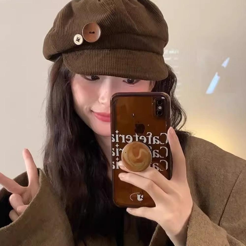Hat Female Autumn and Winter Octagonal Hat Button Brown Japanese Corduroy Season Versatile Face Painter Hat Newsboy