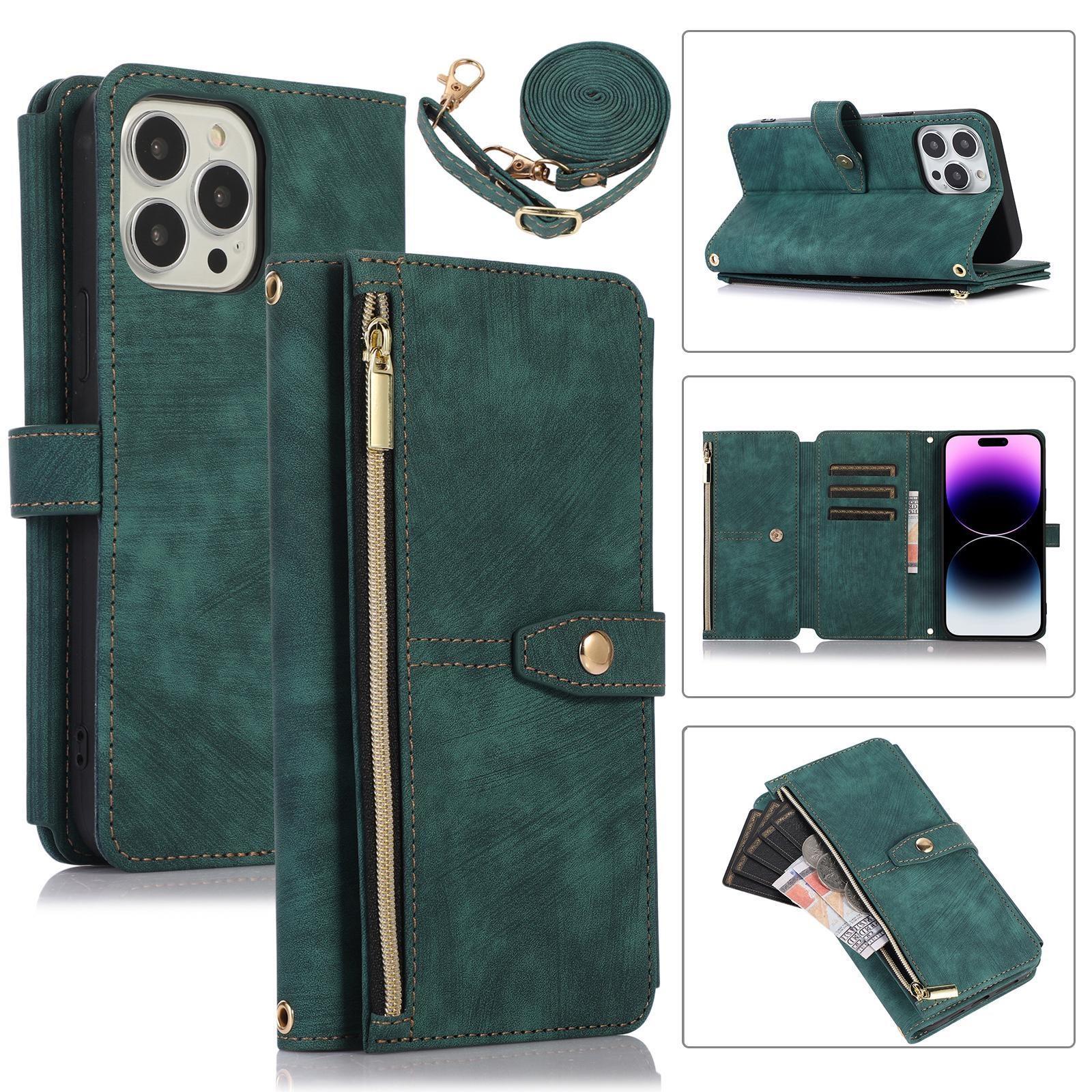 

Кожаный чехол-книжка через плечо с несколькими картами на молнии для iPhone 15 14Plus 13 12 11 Pro Max XSMAX для Samsung S23 S22 S21 S20Ultra Plus A14 A54 A13 A53 Samsung S9 темно-зеленого