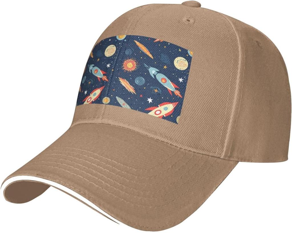 Space Rocket Planet Print Baseball Cap Polyester Casual Adjustable Dad Hat for Adult Unisex
