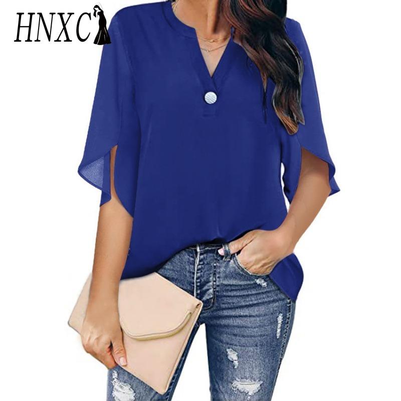 HNXC Women's Fashion Casual Solid Color Print Short Sleeve V Neck Blouses & Shirts