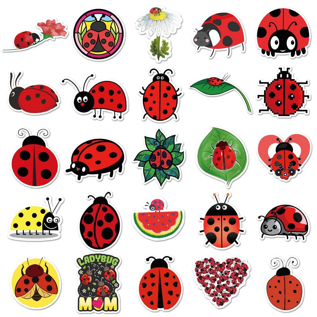 50pcs Ladybug Stickers Cartoon Insects - Seven-spot Journal Stationery Drip Glue